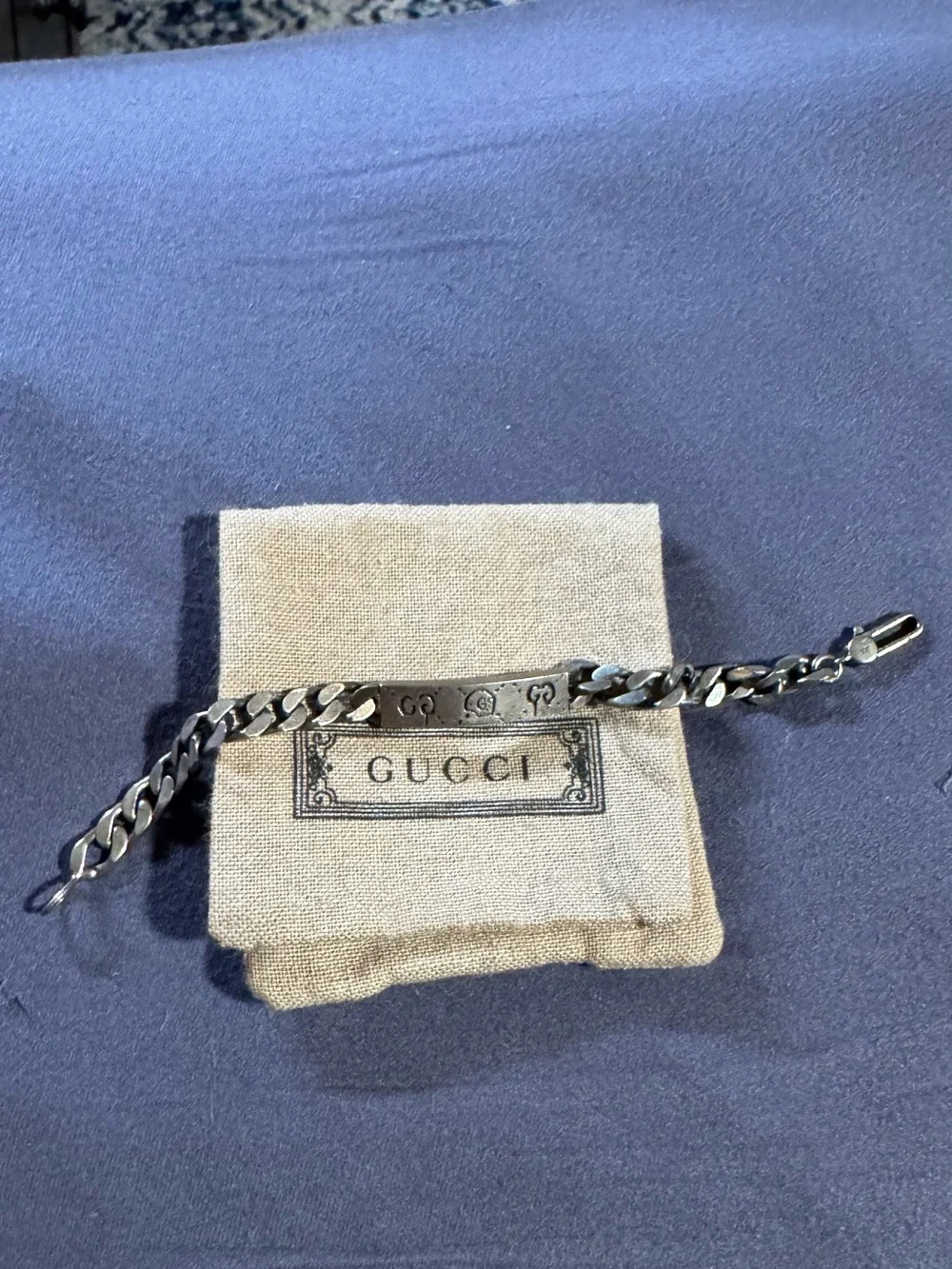 Gucci Silver-Tone Curb Chain ID Bracelet with Engraved GG Plate